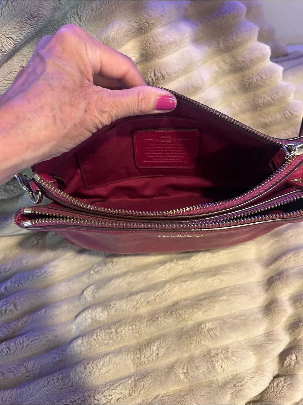 Coach Pebbled Leather Double Zip Wristlet - Raspberry - Picture 12 of 16